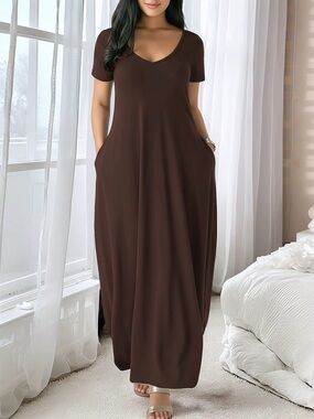 Women's round-Neck Short Sleeve Maxi Dress - Brown